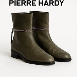 Pierre Hardy Women’s Ankle Boots 37.5 Green Leather Gold Zip Designer Made Italy